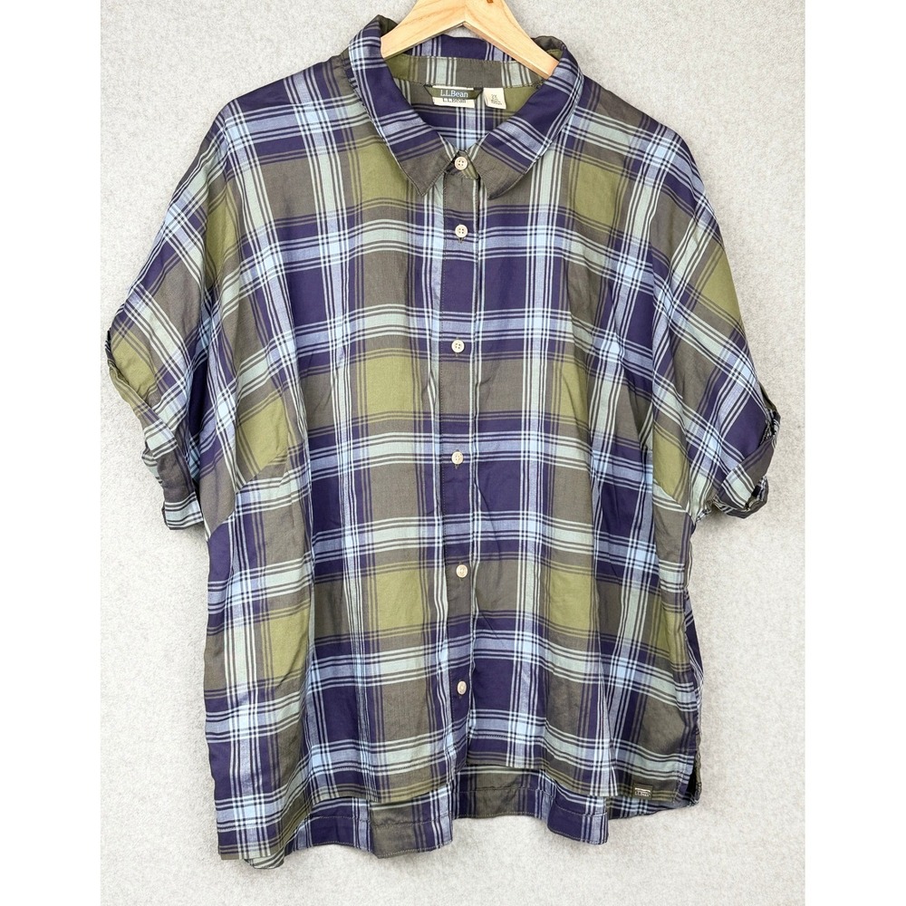 LL Bean Womens 2X Plus Plaid Button Up Shirt Short Sleeve Olive Blue